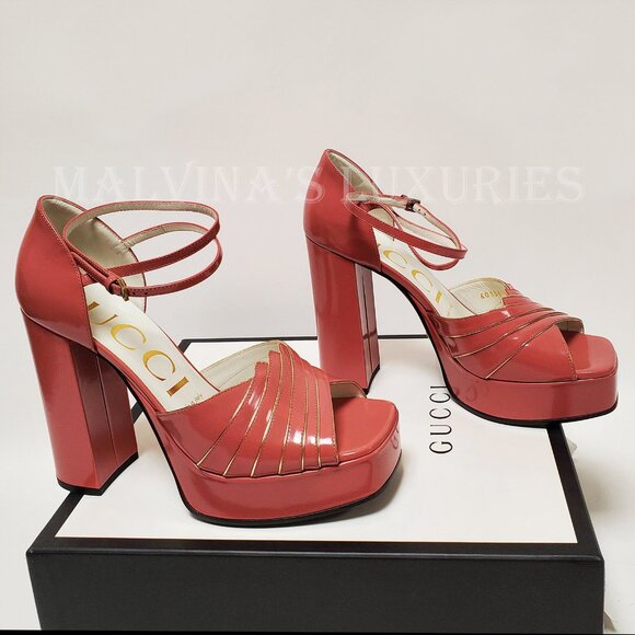 GUCCI SHOES MEDEA PLATFORM SANDALS RED PINK LEATHER sz 38.5 8.5 - Picture 2 of 10